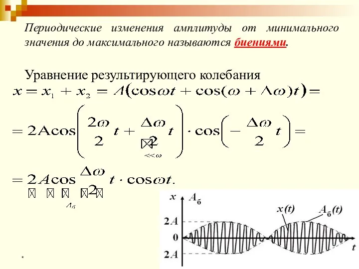 * Периодические изменения амплитуды от минимального значения до максимального называются биениями. Уравнение результирующего колебания