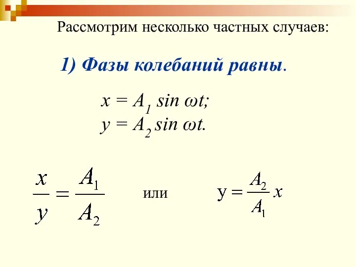 Рассмотрим несколько частных случаев: 1) Фазы колебаний равны. x = A1 sin