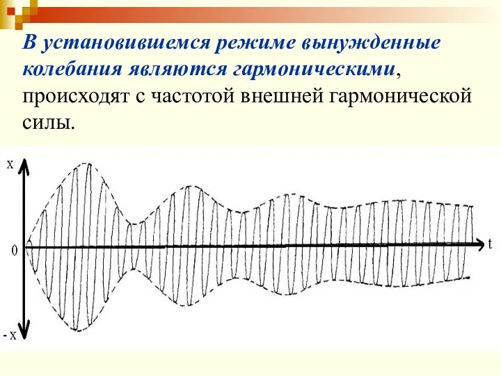 В установившемся режиме вынужденные колебания являются гармоническими, происходят с частотой внешней гармонической силы.