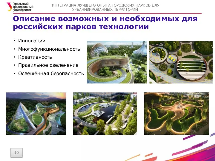 Описание возможных и необходимых для российских парков технологии Инновации Многофункциональность Креативность Правильное