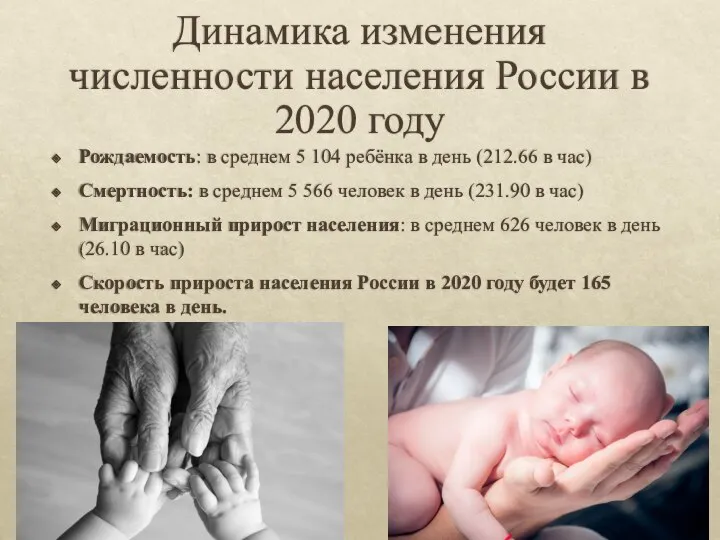 Динамика изменения численности населения России в 2020 году Рождаемость: в среднем 5