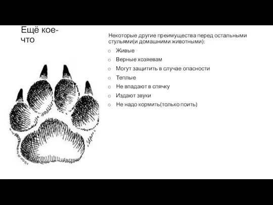 Ещё кое-что Некоторые другие преимущества перед остальными стульями(и домашними животными): Живые Верные