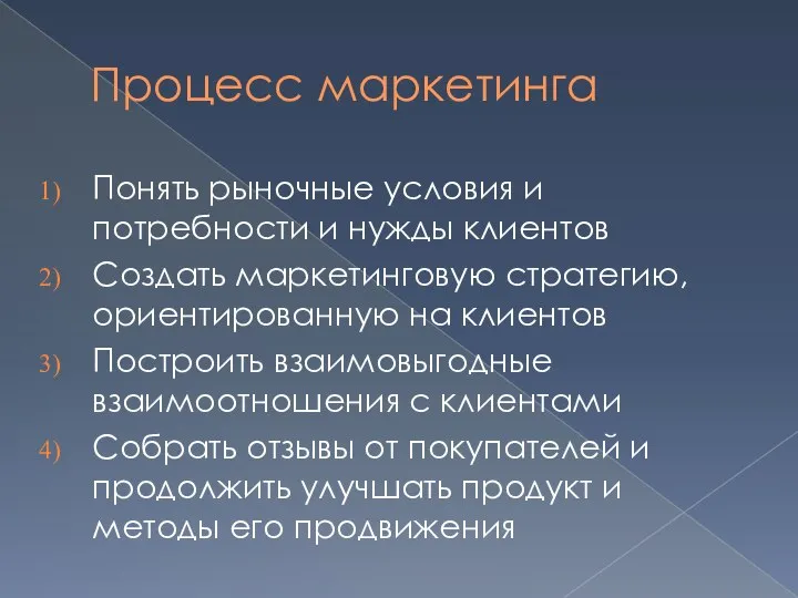 Процесс маркетинга Понять рыночные условия и потребности и нужды клиентов Создать маркетинговую