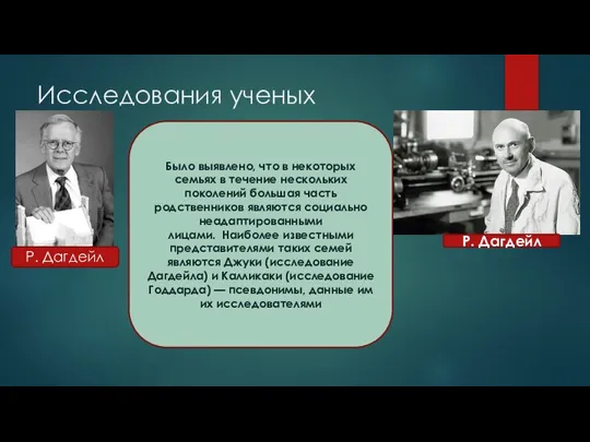 Исследования ученых Р. Дагдейл Р. Дагдейл Было выявлено, что в некоторых семьях