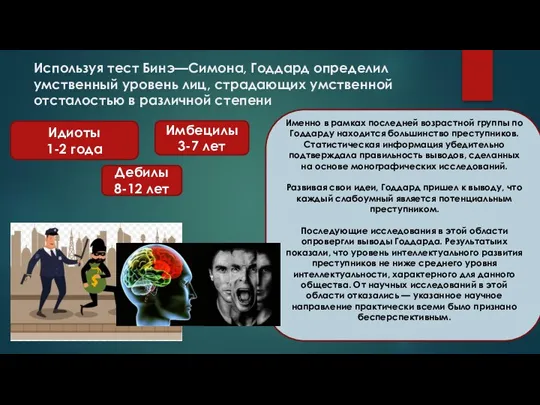 Используя тест Бинэ—Симона, Годдард определил умственный уровень лиц, страдающих умственной отсталостью в