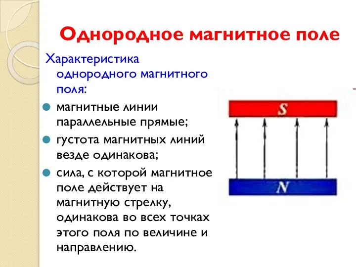 Однородное магнитное поле Характеристика однородного магнитного поля: магнитные линии параллельные прямые; густота