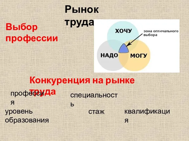 Рынок труда Выбор профессии Конкуренция на рынке труда профессия специальность уровень образования стаж квалификация