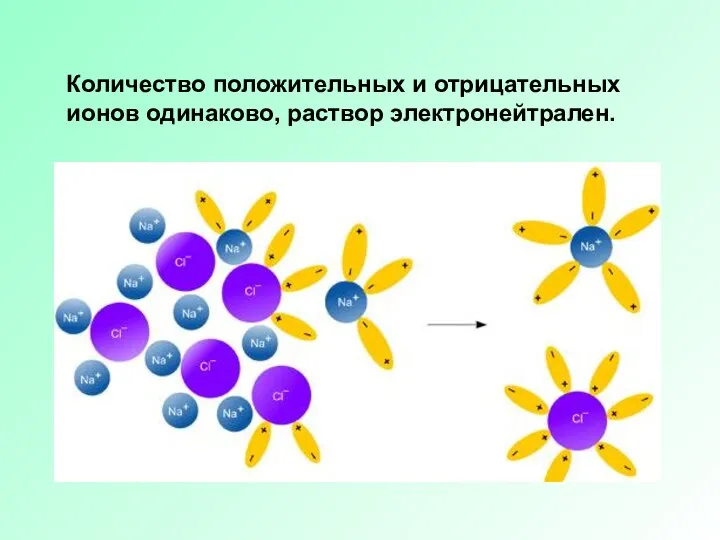 Количество положительных и отрицательных ионов одинаково, раствор электронейтрален.