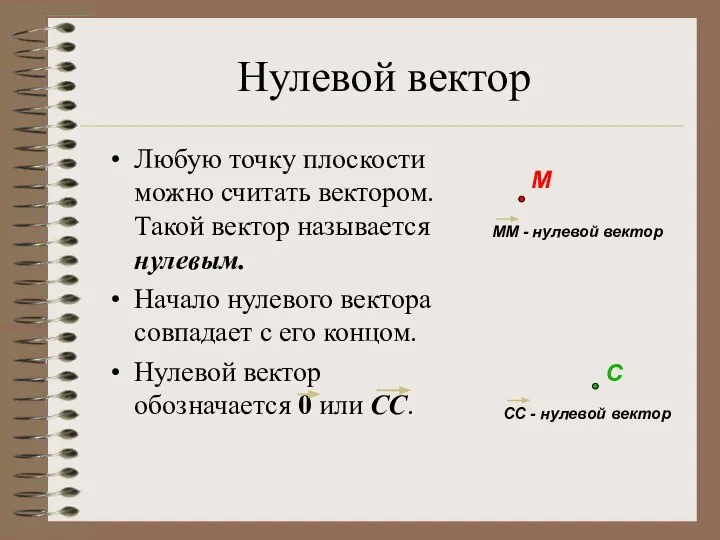 Нулевой вектор Любую точку плоскости можно считать вектором. Такой вектор называется нулевым.