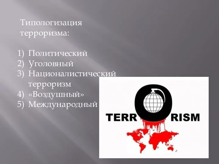 Типологизация терроризма: Политический Уголовный Националистический терроризм «Воздушный» Международный