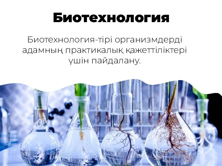 Биотехнология Биотехнология-тірі организмдерді адамның практикалық қажеттіліктері үшін пайдалану.