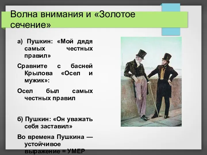 Волна внимания и «Золотое сечение» а) Пушкин: «Мой дядя самых честных правил»