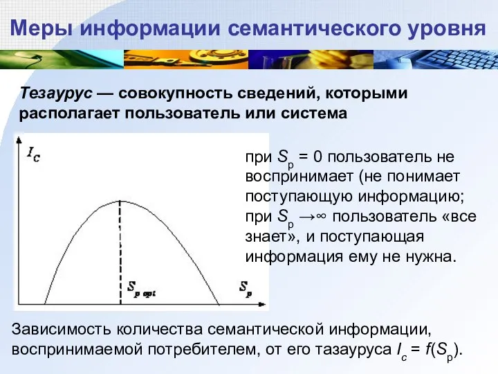 Меры информации семантического уровня Тезаурус — совокупность сведений, которыми располагает пользователь или