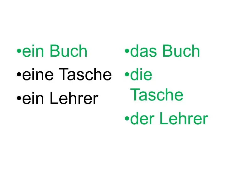 Грамматика ein Buch eine Tasche ein Lehrer das Buch die Tasche der Lehrer