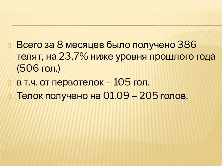 Всего за 8 месяцев было получено 386 телят, на 23,7% ниже уровня