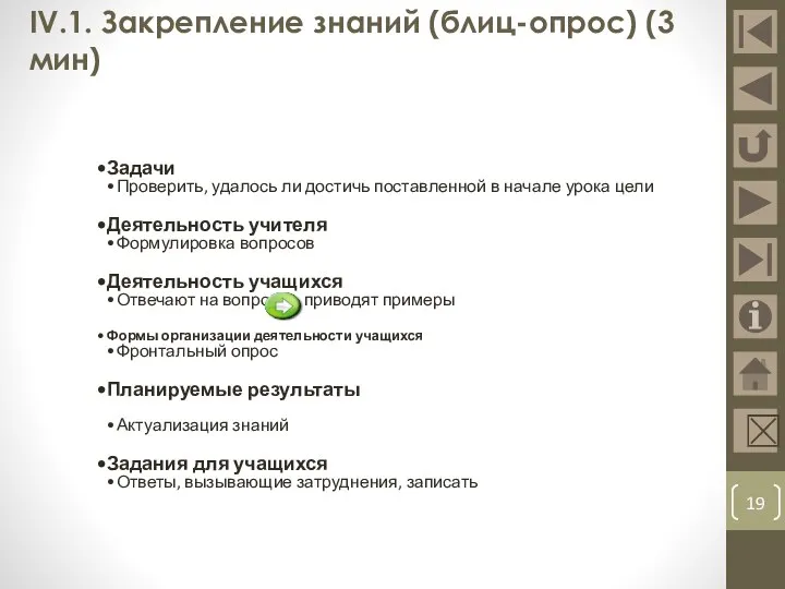 IV.1. Закрепление знаний (блиц-опрос) (3 мин) Задачи Проверить, удалось ли достичь поставленной