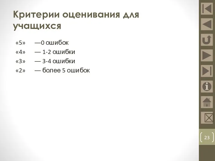 Критерии оценивания для учащихся «5» ―0 ошибок «4» ― 1-2 ошибки «3»