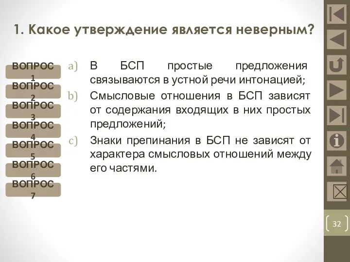 1. Какое утверждение является неверным? В БСП простые предложения связываются в устной