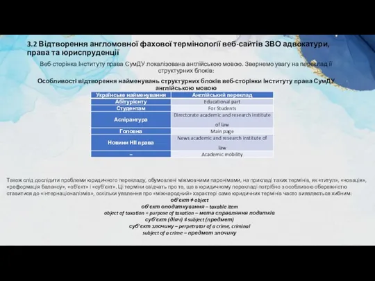 3.2 Відтворення англомовної фахової термінологiї веб-сайтів ЗВО адвокатури, права та юриспруденції Веб-сторінка