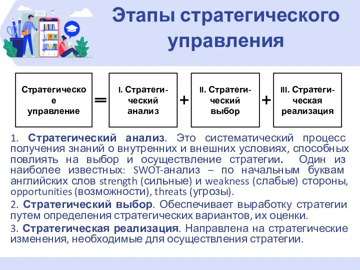 1. Стратегический анализ. Это систематический процесс получения знаний о внутренних и внешних