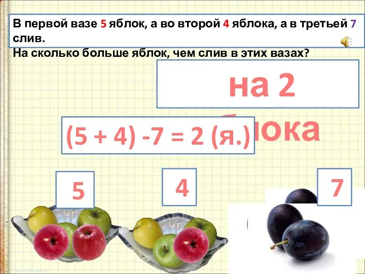 В первой вазе 5 яблок, а во второй 4 яблока, а в