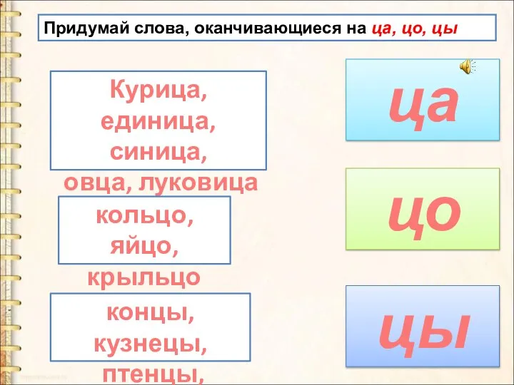 Придумай слова, оканчивающиеся на ца, цо, цы ца цо Курица, единица, синица,