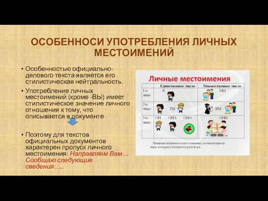 ОСОБЕННОСИ УПОТРЕБЛЕНИЯ ЛИЧНЫХ МЕСТОИМЕНИЙ Особенностью официально-делового текста является его стилистическая нейтральность. Употребление