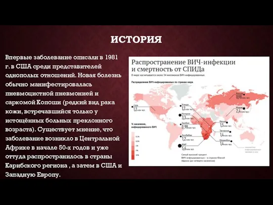 ИСТОРИЯ Впервые заболевание описали в 1981 г. в США среди представителей однополых