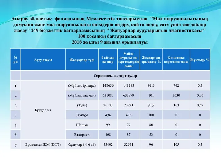 Атырау облыстық филиалының Мемлекеттік тапсырыстың "Мал шаруашылығының дамуына және мал шаруашылығы өнімдерін