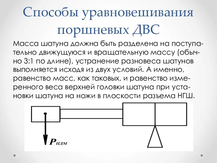 Способы уравновешивания поршневых ДВС Масса шатуна должна быть разделена на поступа-тельно движущуюся