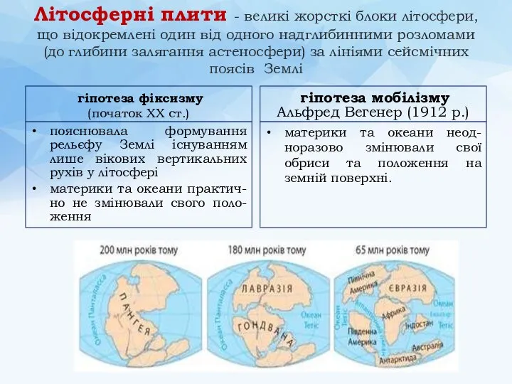 Літосферні плити - великі жорсткі блоки літосфери, що відокремлені один від одного