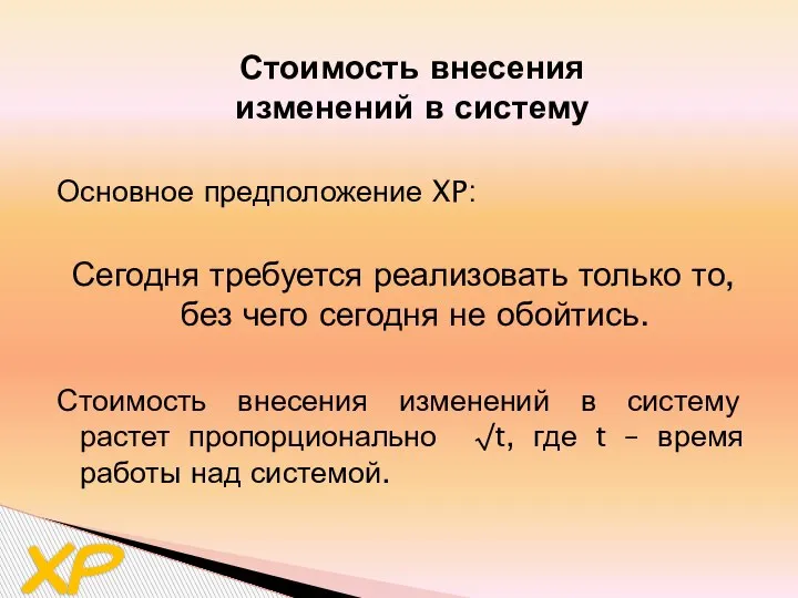 Основное предположение XP: Сегодня требуется реализовать только то, без чего сегодня не