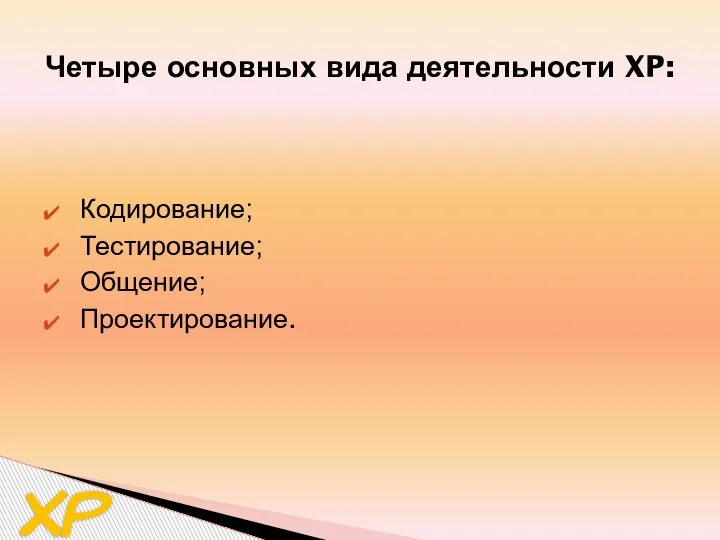 Кодирование; Тестирование; Общение; Проектирование. Четыре основных вида деятельности XP: XP