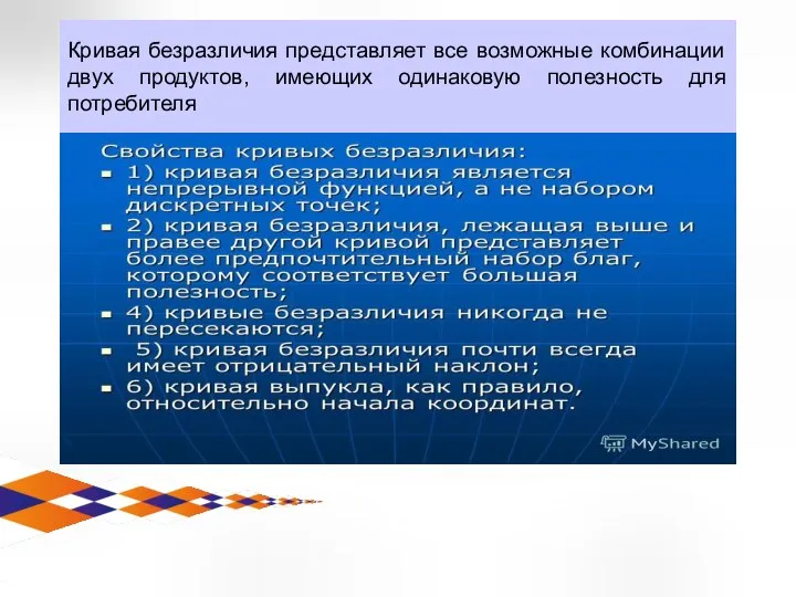 Кривая безразличия представляет все возможные комбинации двух продуктов, имеющих одинаковую полезность для потребителя