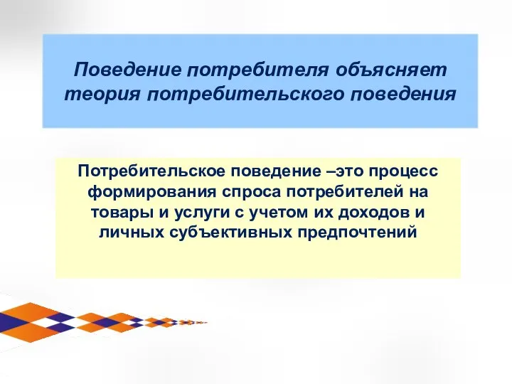 Поведение потребителя объясняет теория потребительского поведения Потребительское поведение –это процесс формирования спроса