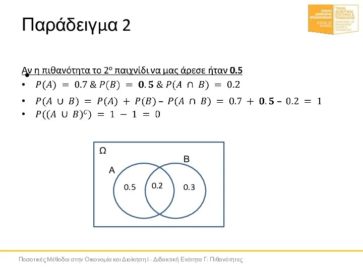 Παράδειγμα 2 0.5 0.2 Α Β Ω 0.3 Ποσοτικές Μέθοδοι στην Οικονομία