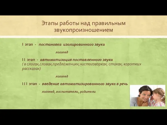 Этапы работы над правильным звукопроизношением I этап - постановка изолированного звука логопед