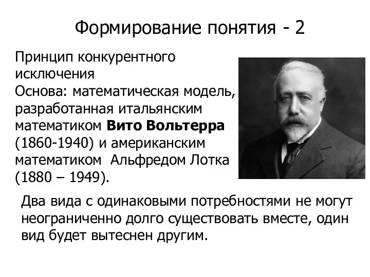 Формирование понятия - 2 Принцип конкурентного исключения Основа: математическая модель, разработанная итальянским