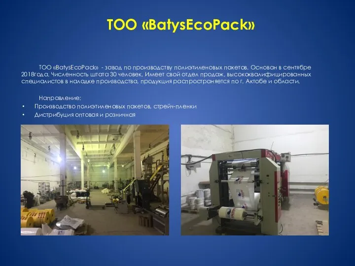 ТОО «BatysEcoРack» ТОО «BatysEcoРack» - завод по производству полиэтиленовых пакетов. Основан в