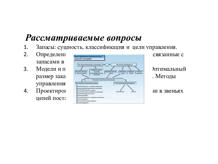 Рассматриваемые вопросы Запасы: сущность, классификация и цели управления. Определение потребности в запасе.