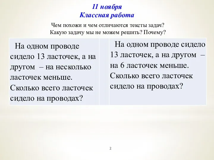 11 ноября Классная работа Чем похожи и чем отличаются тексты задач? Какую