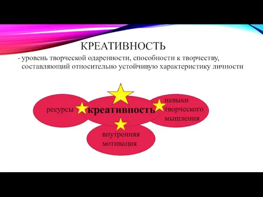 КРЕАТИВНОСТЬ уровень творческой одаренности, способности к творчеству, составляющий относительно устойчивую характеристику личности