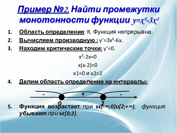 Область определения: R. Функция непрерывна. Вычисляем производную : y’=3x²-6x. Находим критические точки: