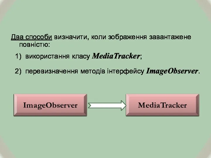 Два способи визначити, коли зображення завантажене повністю: 1) використання класу MediaTracker; 2) перевизначення методів інтерфейсу ImageObserver.