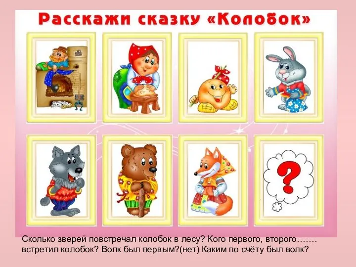 Сколько зверей повстречал колобок в лесу? Кого первого, второго…….встретил колобок? Волк был