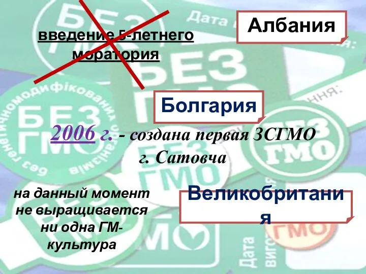 Албания введение 5-летнего моратория Болгария 2006 г. - создана первая ЗСГМО г.