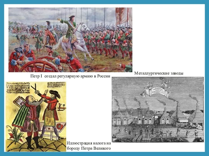 Иллюстрация налога на бороду Петра Великого Металлургические заводы Петр I создал регулярную армию в России