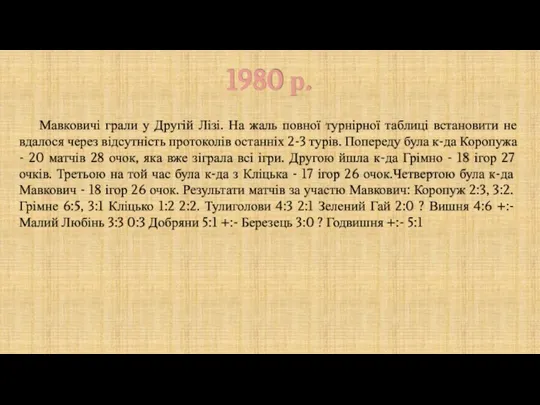 1980 р. Мавковичі грали у Другій Лізі. На жаль повної турнірної таблиці