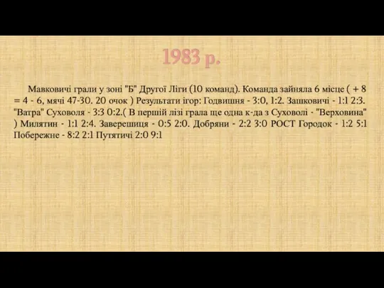 1983 р. Мавковичі грали у зоні "Б" Другої Ліги (10 команд). Команда