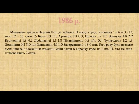 1986 р. Мавковичі грали в Першій Лізі, де зайняли 11 місце серед